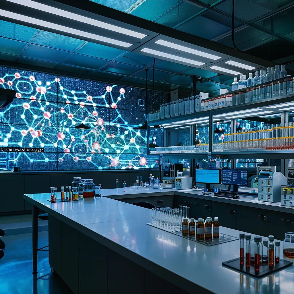 a sleek, modern laboratory filled with advanced scientific equipment displays a large digital screen showcasing molecular structures and diagrams that illustrate the intricate science behind sarms, emphasizing a high-tech atmosphere of research and innovation.