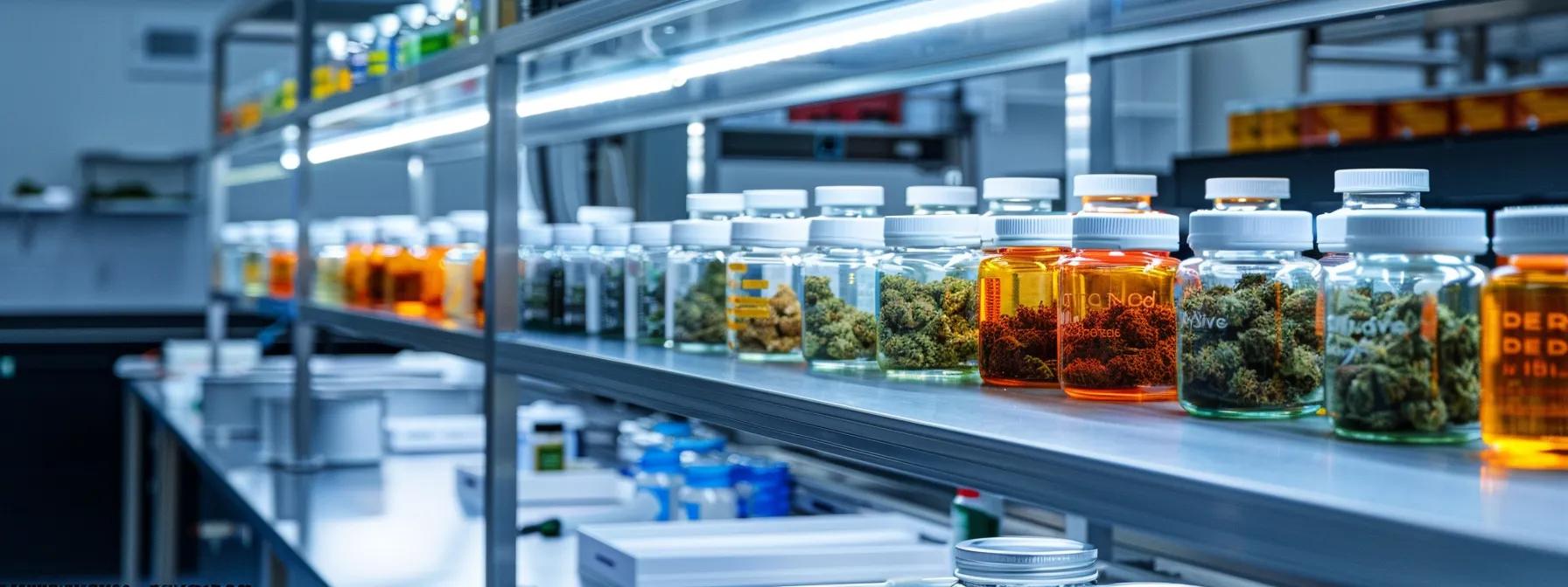 a sleek, modern laboratory setting showcasing meticulously arranged jars of vibrant cbd flower, each labeled with detailed potency and terpene profile data, illuminated under bright, sterile lighting to emphasize the precision and quality assurance of surgeonsolution.io's premium cannabis products.