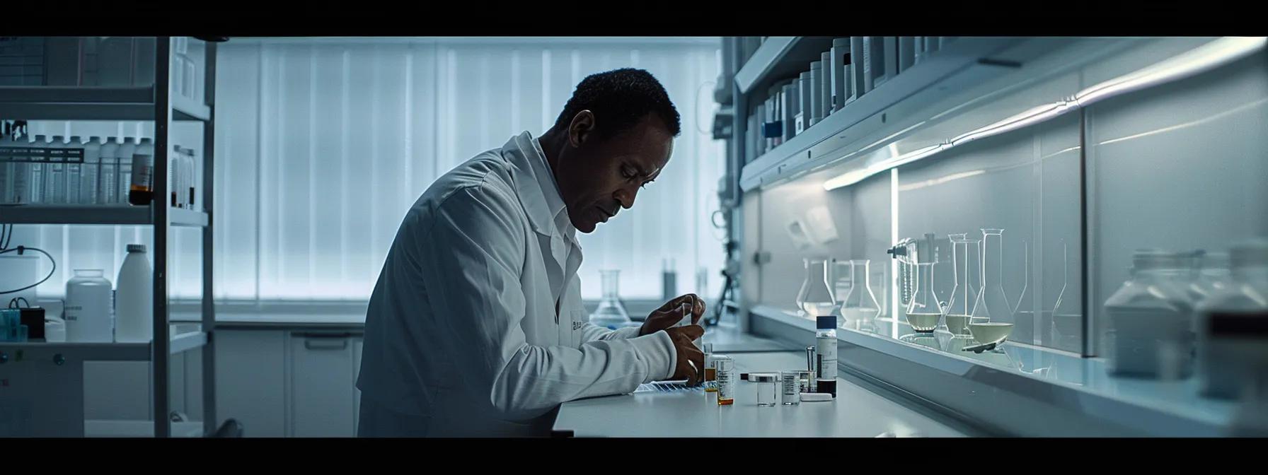 A sleek, modern laboratory with high-tech equipment showcases a scientist in a white lab coat, examining a test tube containing a fluid that represents SARMs, underscoring the theme of innovative muscle-enhancing research.