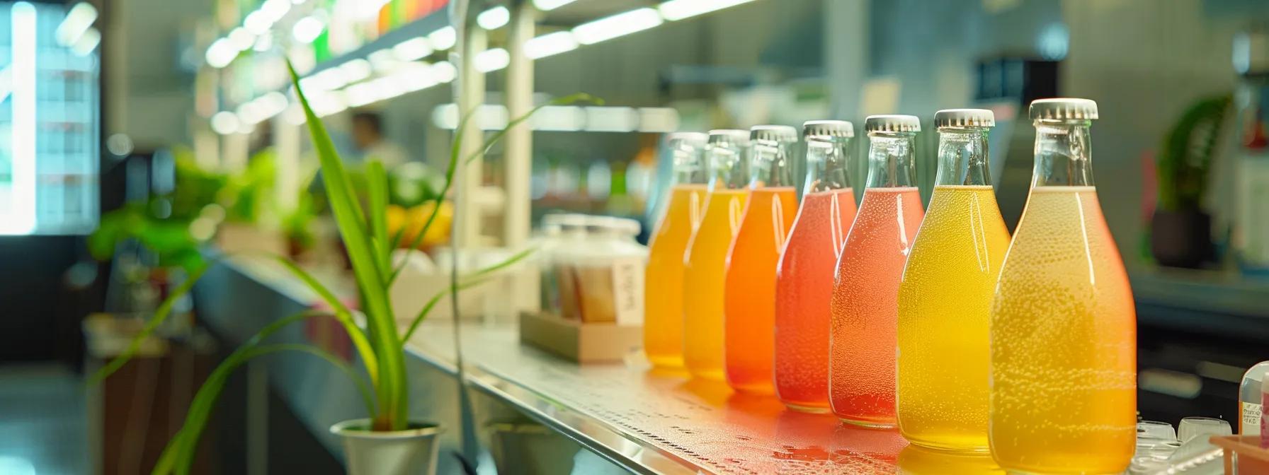 a sleek, modern laboratory with advanced equipment displays vibrant bottles of anomaly’s feel-good fizz, showcasing the effervescent carbonation and colorful labels of tropical orbit and moondust melon in a well-lit, sterile environment. a sleek, modern laboratory with advanced equipment displays vibrant bottles of anomaly’s feel-good fizz, showcasing the effervescent carbonation and colorful labels of tropical orbit and moondust melon in a well-lit, sterile environment.
