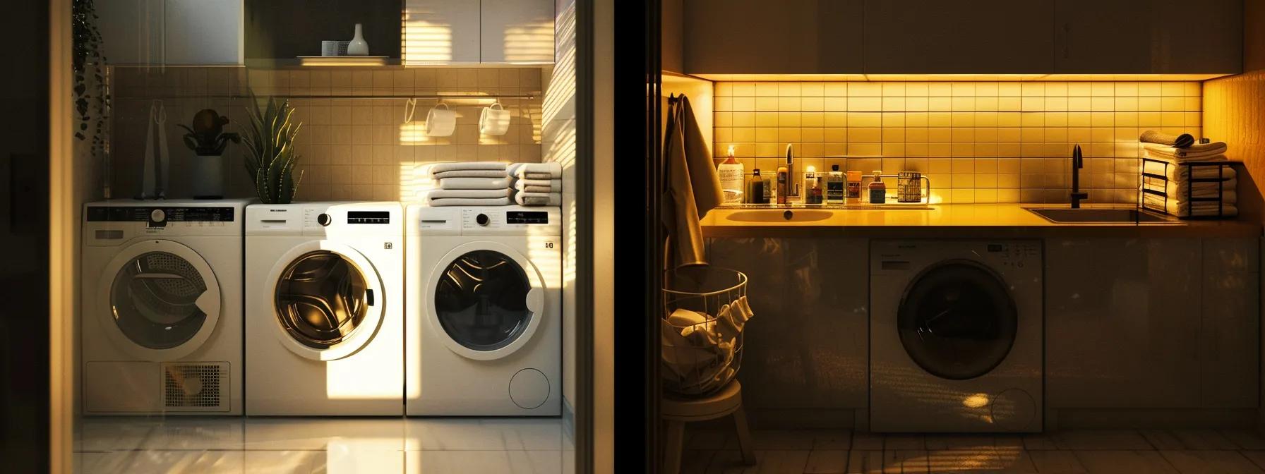 a sleek, modern laundry room showcases a side-by-side comparison of a sophisticated gas dryer and an efficient electric dryer, highlighting their distinct designs and features under bright, focused artificial lighting. a sleek, modern laundry room showcases a side-by-side comparison of a sophisticated gas dryer and an efficient electric dryer, highlighting their distinct designs and features under bright, focused artificial lighting.