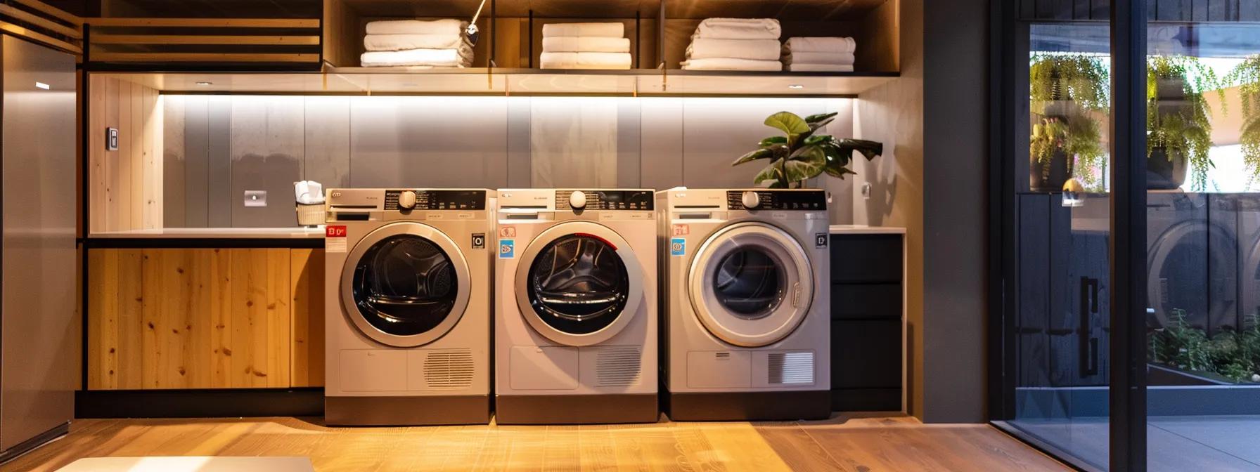 a sleek, modern laundry room showcases a side-by-side comparison of a high-tech gas dryer and a streamlined electric dryer, illuminated with bright, even lighting to highlight energy efficiency ratings and technological features prominently displayed on each machine. a sleek, modern laundry room showcases a side-by-side comparison of a high-tech gas dryer and a streamlined electric dryer, illuminated with bright, even lighting to highlight energy efficiency ratings and technological features prominently displayed on each machine.