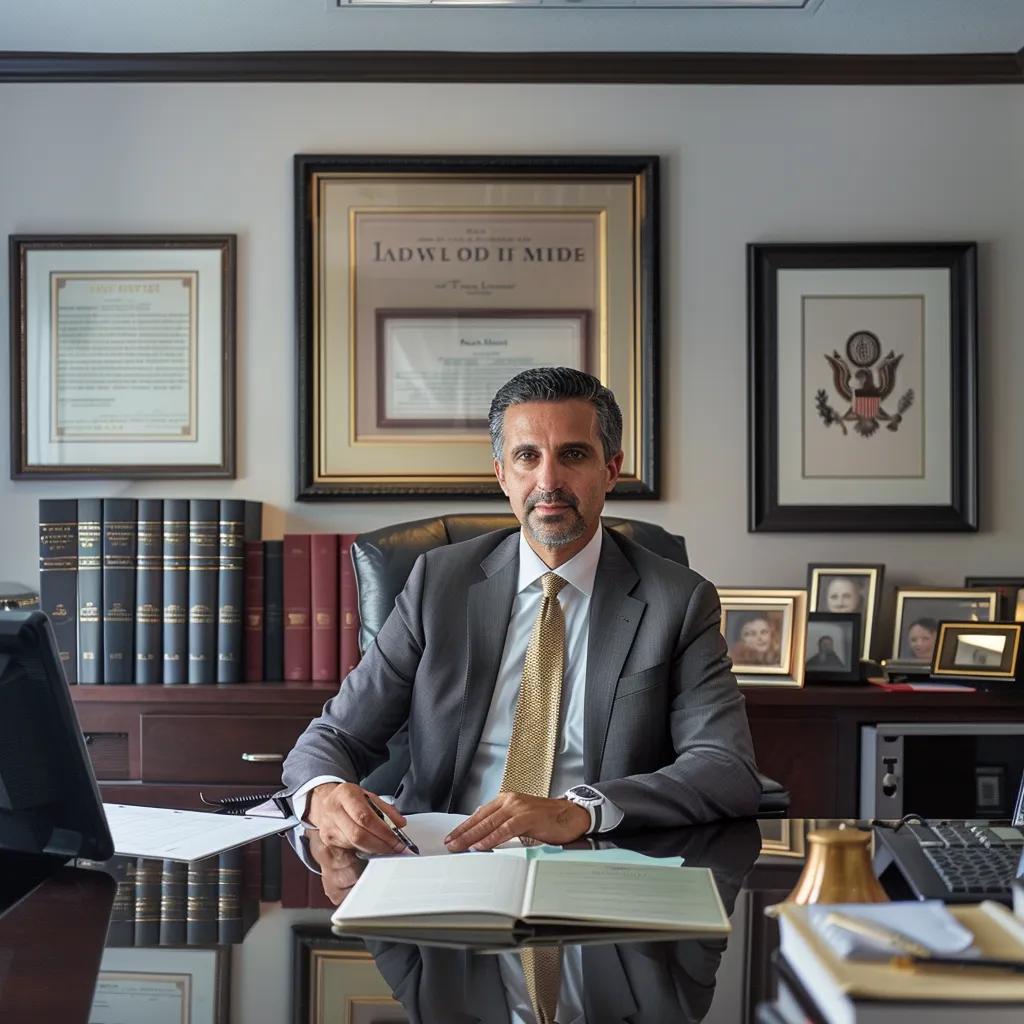 a sleek, modern law office features a confident immigration lawyer seated at a polished desk, surrounded by legal books and framed diplomas, vividly conveying professionalism and expertise.
