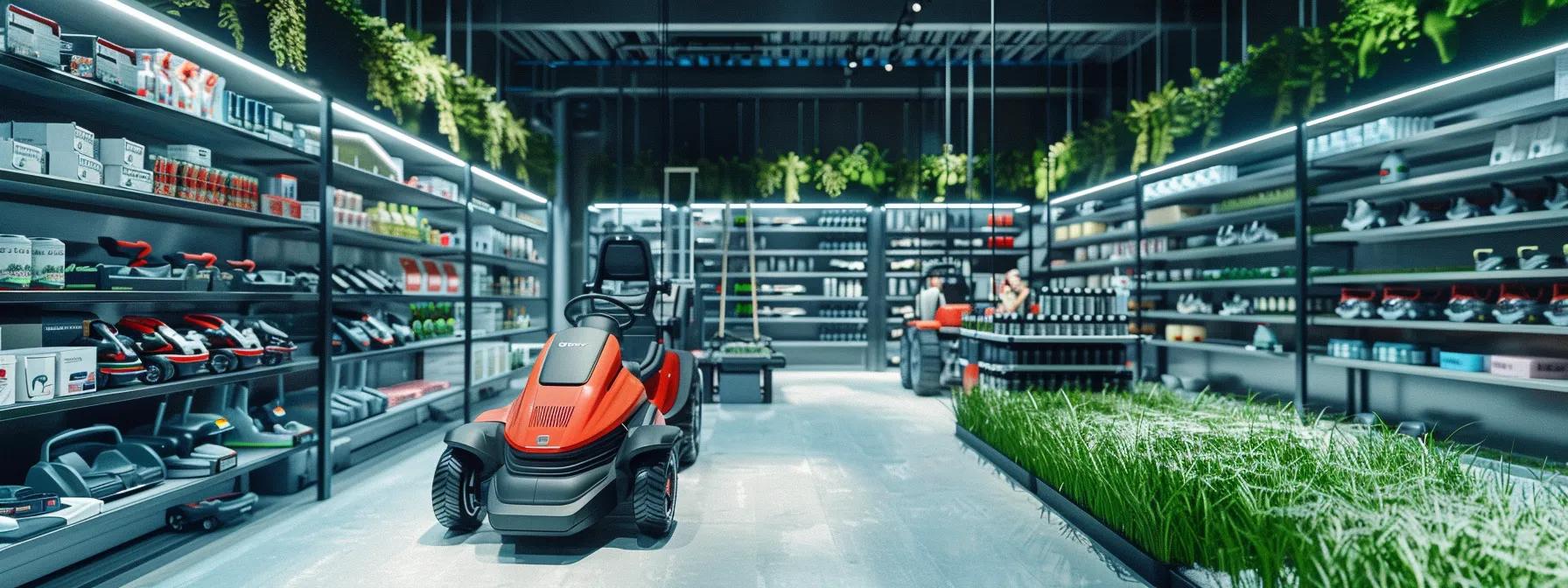 a sleek, modern lawn care workshop features an array of state-of-the-art mowers and equipment, vividly showcasing essential mowing techniques with precision-maintained blades and professional-grade tools against a backdrop of well-organized shelves filled with grass care products. a sleek, modern lawn care workshop features an array of state-of-the-art mowers and equipment, vividly showcasing essential mowing techniques with precision-maintained blades and professional-grade tools against a backdrop of well-organized shelves filled with grass care products.