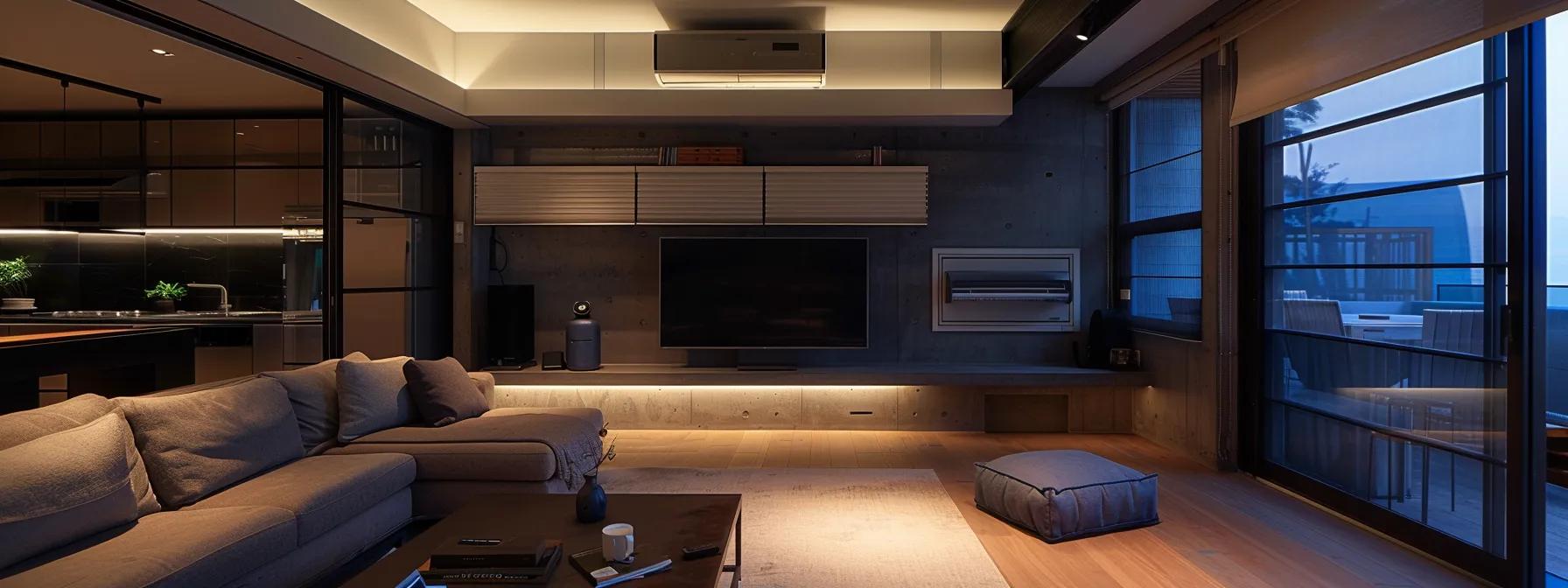 a sleek, modern living room featuring two distinct air conditioning units—one a central hvac system discreetly built into a wall, the other a stylish ductless mini-split mounted above a cozy seating area—illuminated by warm, ambient lighting that highlights the contrasting designs and emphasizes the theme of optimal home comfort.