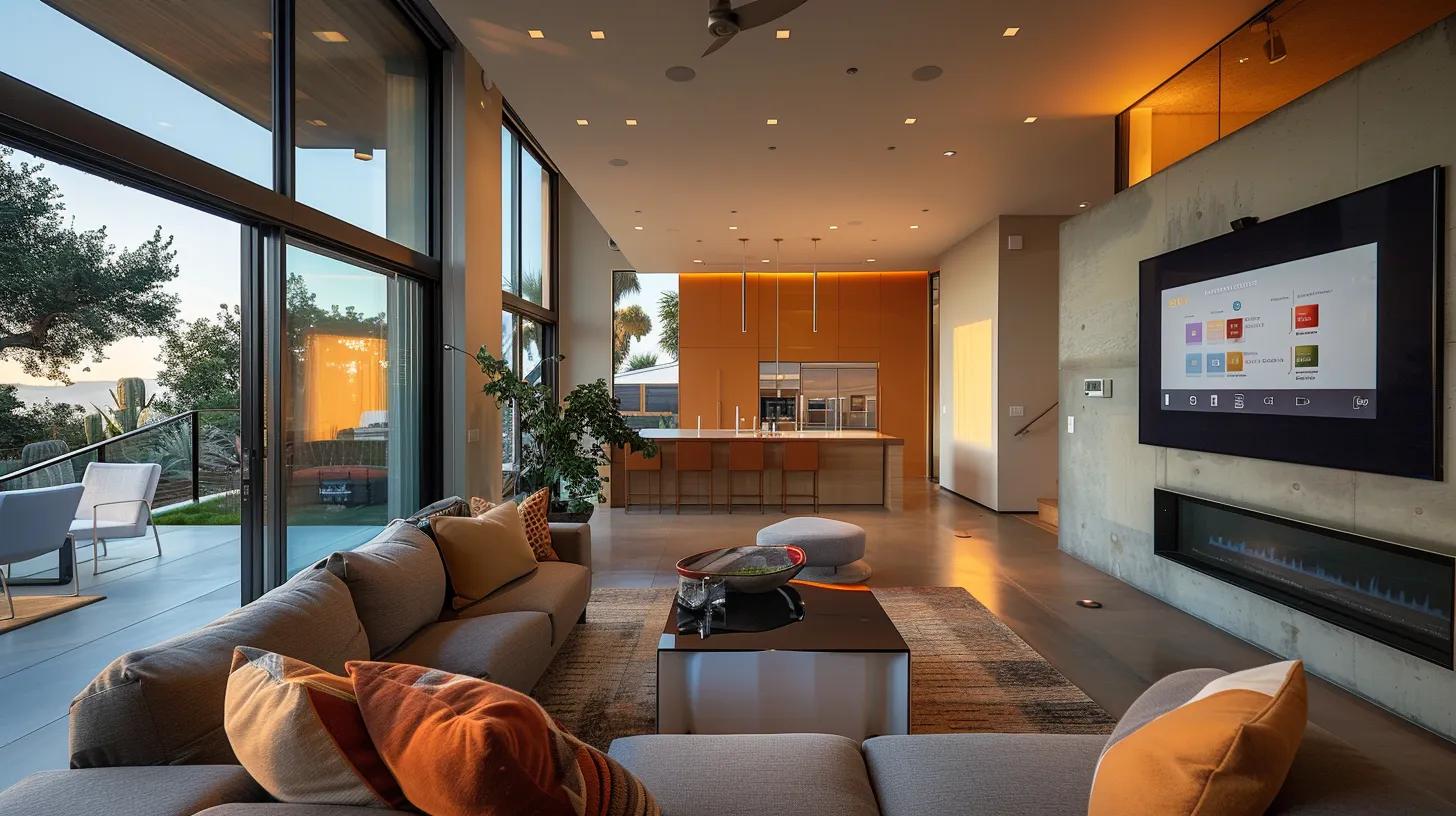 a sleek, modern living room features a high-tech smart thermostat and automated lighting system, illuminated by vibrant led displays that reflect energy usage data on a wall-mounted screen, showcasing the future of energy management in home technology. a sleek, modern living room features a high-tech smart thermostat and automated lighting system, illuminated by vibrant led displays that reflect energy usage data on a wall-mounted screen, showcasing the future of energy management in home technology.