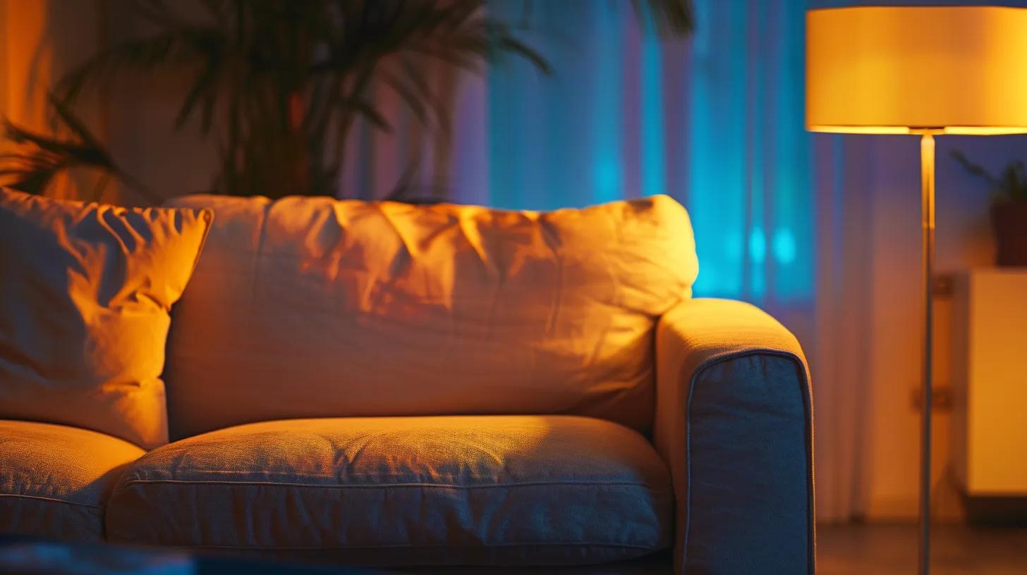 a sleek, modern living room featuring a meticulously cleaned sofa, illuminated by soft, warm lighting, showcasing the contrast between the vibrant upholstery and lingering stubborn stains on a nearby chair, highlighting the necessity of professional upholstery cleaning.