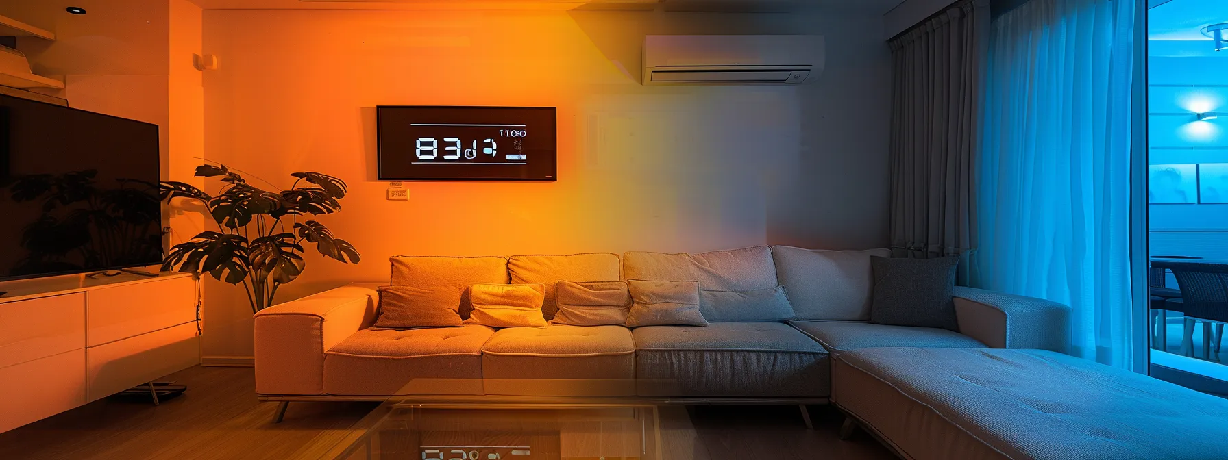 a sleek, modern living room is highlighted with a malfunctioning air conditioning unit, showing a digital temperature display flickering erratically amidst an ambiance of discomfort. a sleek, modern living room is highlighted with a malfunctioning air conditioning unit, showing a digital temperature display flickering erratically amidst an ambiance of discomfort.