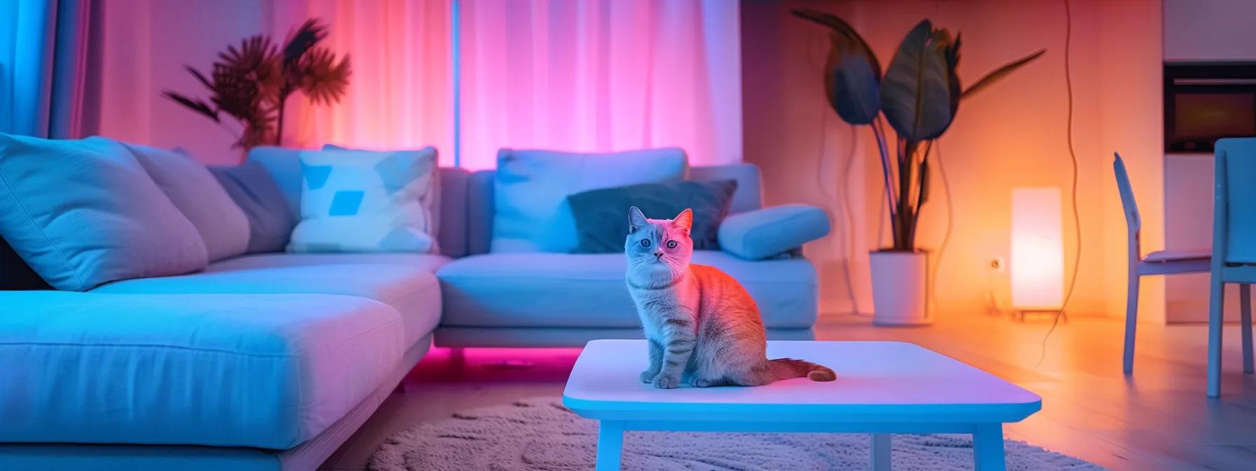 a sleek, modern living room features an interactive cat laser toy glowing brightly against a backdrop of minimalistic furniture, highlighting its playful allure while emphasizing the importance of maintenance for longevity. a sleek, modern living room features an interactive cat laser toy glowing brightly against a backdrop of minimalistic furniture, highlighting its playful allure while emphasizing the importance of maintenance for longevity.