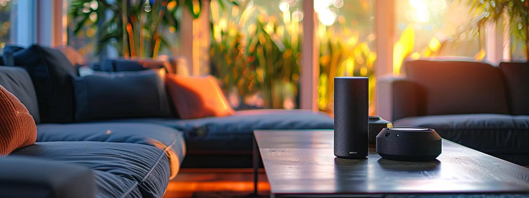 a sleek, modern living room featuring voice-controlled smart speakers integrated seamlessly with automated irrigation systems, showcasing the convenience and efficiency of a well-connected smart home. a sleek, modern living room featuring voice-controlled smart speakers integrated seamlessly with automated irrigation systems, showcasing the convenience and efficiency of a well-connected smart home.