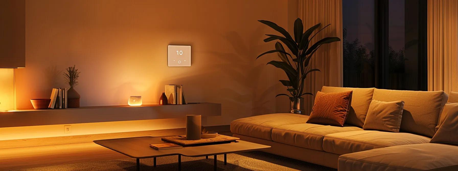 a sleek, modern living room with a stylish smart thermostat displayed prominently on the wall, exuding a sense of advanced technology and energy efficiency, bathed in warm, inviting lighting that enhances the atmosphere of indoor comfort. a sleek, modern living room with a stylish smart thermostat displayed prominently on the wall, exuding a sense of advanced technology and energy efficiency, bathed in warm, inviting lighting that enhances the atmosphere of indoor comfort.