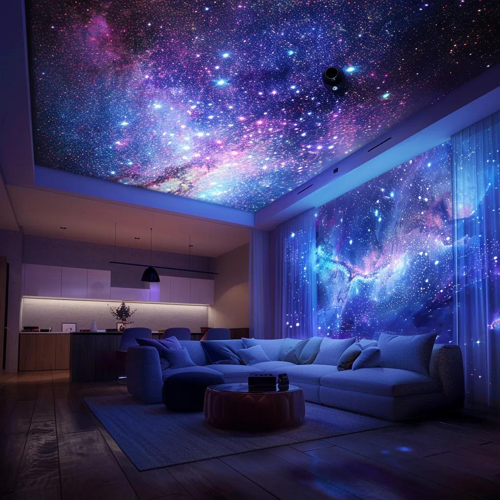 a sleek, modern living room illuminated by a mesmerizing galaxy projector, casting vibrant stars and swirling nebulae across the walls and ceiling, creating an immersive cosmos experience.