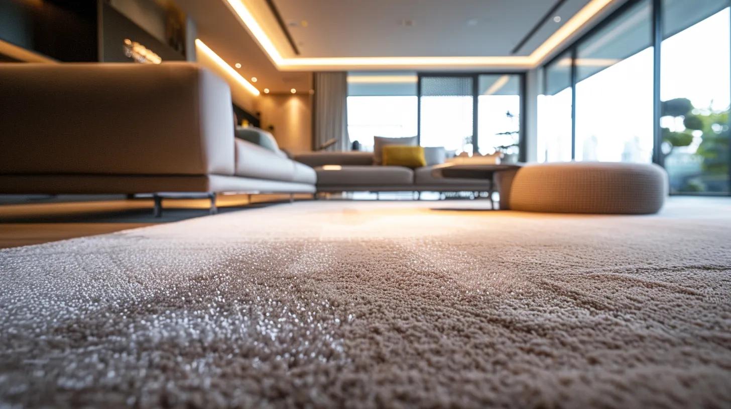 a sleek, modern living room featuring a pristine, freshly cleaned carpet, illuminated by soft, ambient lighting, showcasing a harmonious blend of comfort and sophistication that reflects a commitment to a clean and healthy home environment.