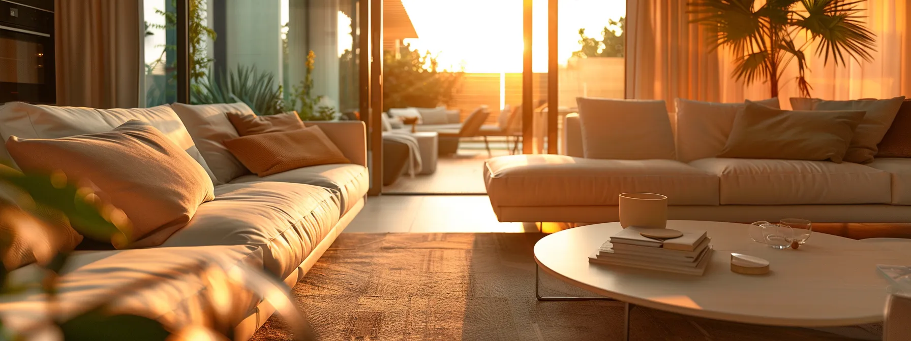 a sleek, modern living room showcases a beautifully upholstered sofa and couches, gleaming in the warm ambient light, illustrating the transformative effects of professional upholstery steam cleaning that enhances fabric quality and appearance.