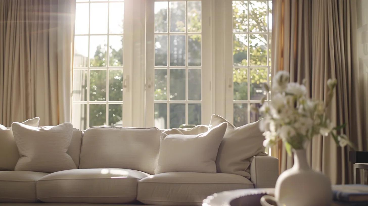 a sleek, modern living room showcases a pair of stylish, trending curtains in a soft, muted color, elegantly framing large windows that flood the space with a bright, airy ambiance. a sleek, modern living room showcases a pair of stylish, trending curtains in a soft, muted color, elegantly framing large windows that flood the space with a bright, airy ambiance.