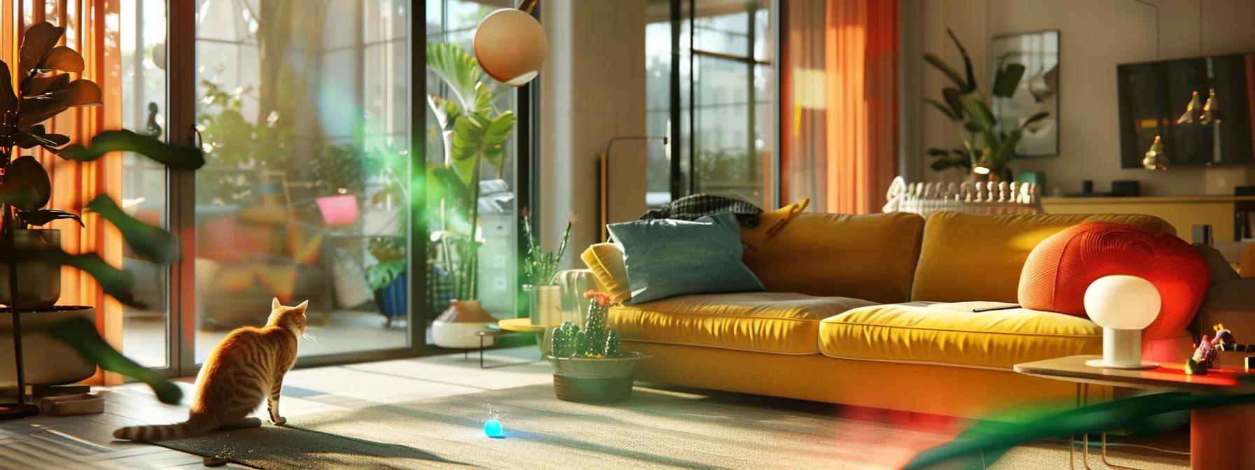 a sleek, modern living room filled with colorful cat toys, dominated by a vibrant laser dot caught in mid-movement, with an energetic cat in full pounce, showcasing the interactive excitement of the innovative laser pointer toy. a sleek, modern living room filled with colorful cat toys, dominated by a vibrant laser dot caught in mid-movement, with an energetic cat in full pounce, showcasing the interactive excitement of the innovative laser pointer toy.