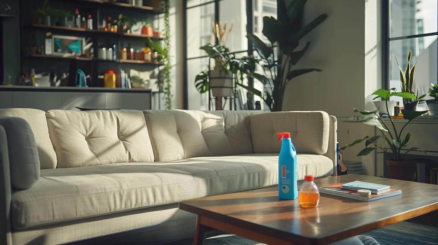 a sleek, modern living room showcases a plush, freshly cleaned couch, positioned near an elegant coffee table adorned with cleaning supplies, emphasizing the importance of upholstery maintenance and preparation for summer gatherings.