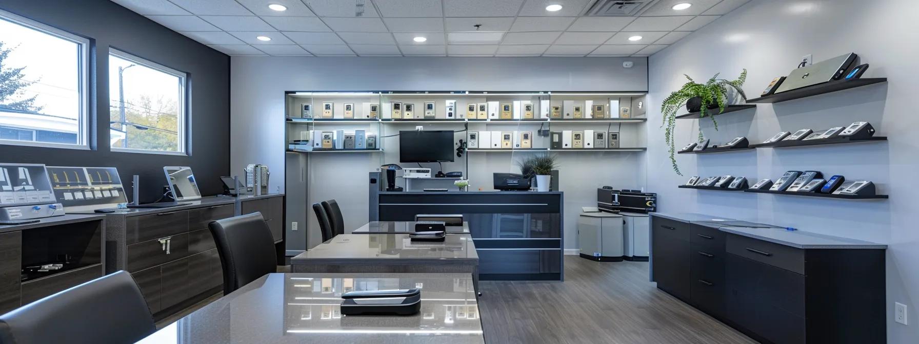 a sleek, modern locksmith office in brampton, showcasing a knowledgeable technician demonstrating advanced security solutions like smart locks and master key systems amidst a backdrop of high-security lock displays. a sleek, modern locksmith office in brampton, showcasing a knowledgeable technician demonstrating advanced security solutions like smart locks and master key systems amidst a backdrop of high-security lock displays.
