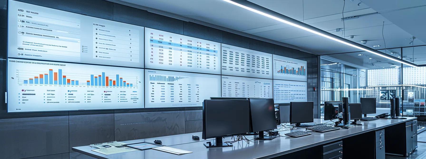 a sleek, modern locksmith office features a polished desk cluttered with detailed pricing charts and service comparisons on digital screens, illuminated by bright overhead lights, emphasizing the importance of transparency in local locksmith pricing.