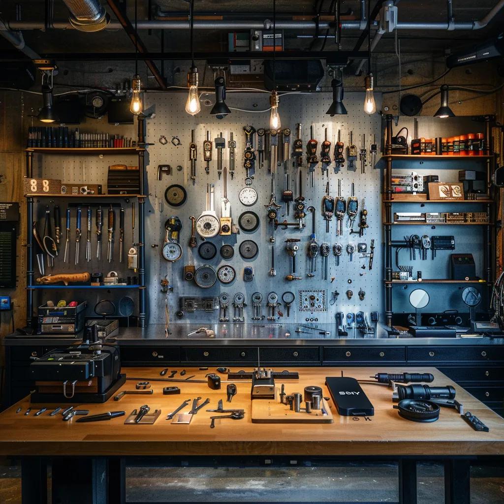 a sleek, modern locksmith shop interior showcases a polished workbench surrounded by an array of intricate lock mechanisms and tools, illuminated by bright overhead lights that emphasize the precision and reliability of hot springs locksmith services.