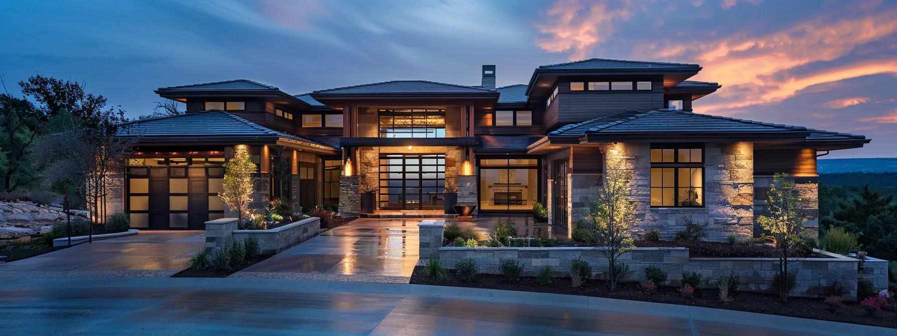 a sleek, modern luxury home boasting innovative smart technology and eco-friendly features, illuminated by elegant interior lighting that highlights its sophisticated design and commitment to sustainability. a sleek, modern luxury home boasting innovative smart technology and eco-friendly features, illuminated by elegant interior lighting that highlights its sophisticated design and commitment to sustainability.
