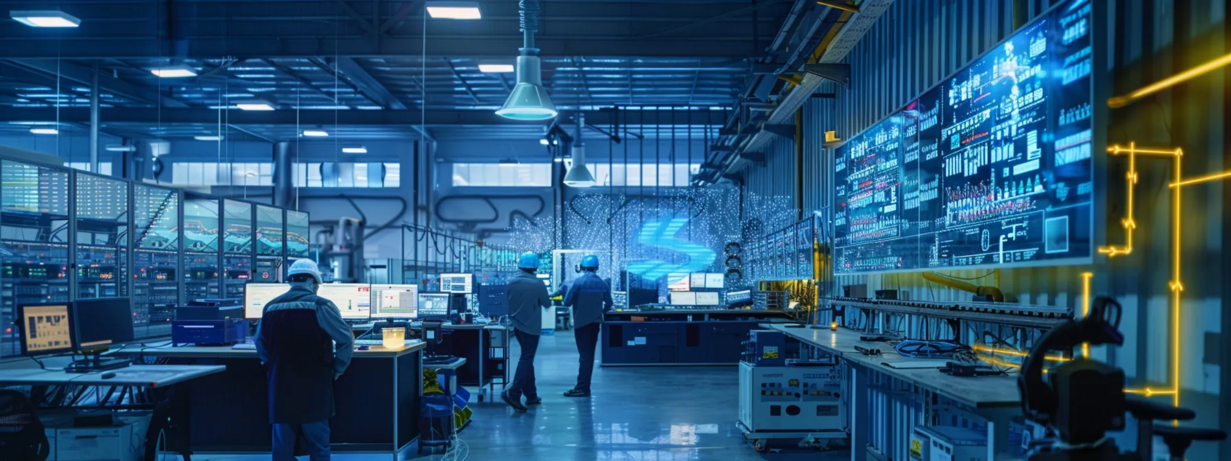 a sleek, modern manufacturing facility showcases advanced nlp technology on digital interfaces, with engineers analyzing data trends on glowing screens under bright, focused lighting.