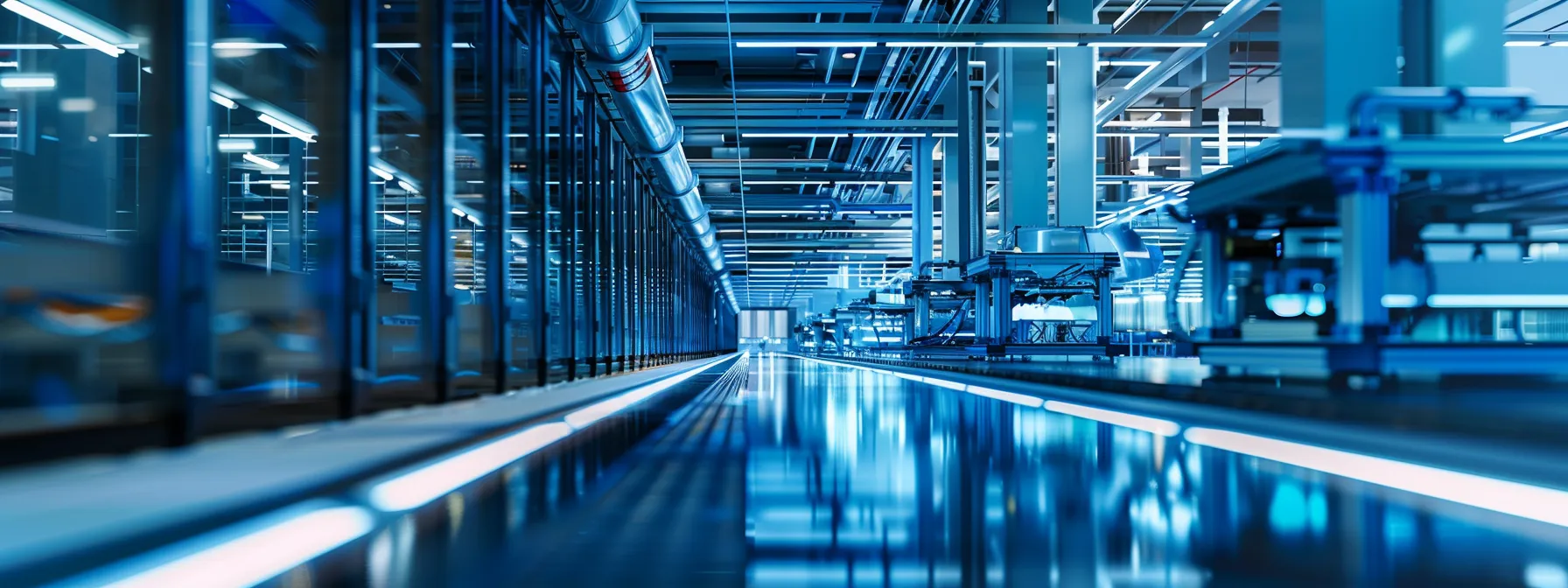 a sleek, modern manufacturing facility showcases advanced nlp technology in action, with digital screens displaying dynamic data analytics and smart algorithms optimizing workflows, all illuminated by bright, focused artificial lighting.