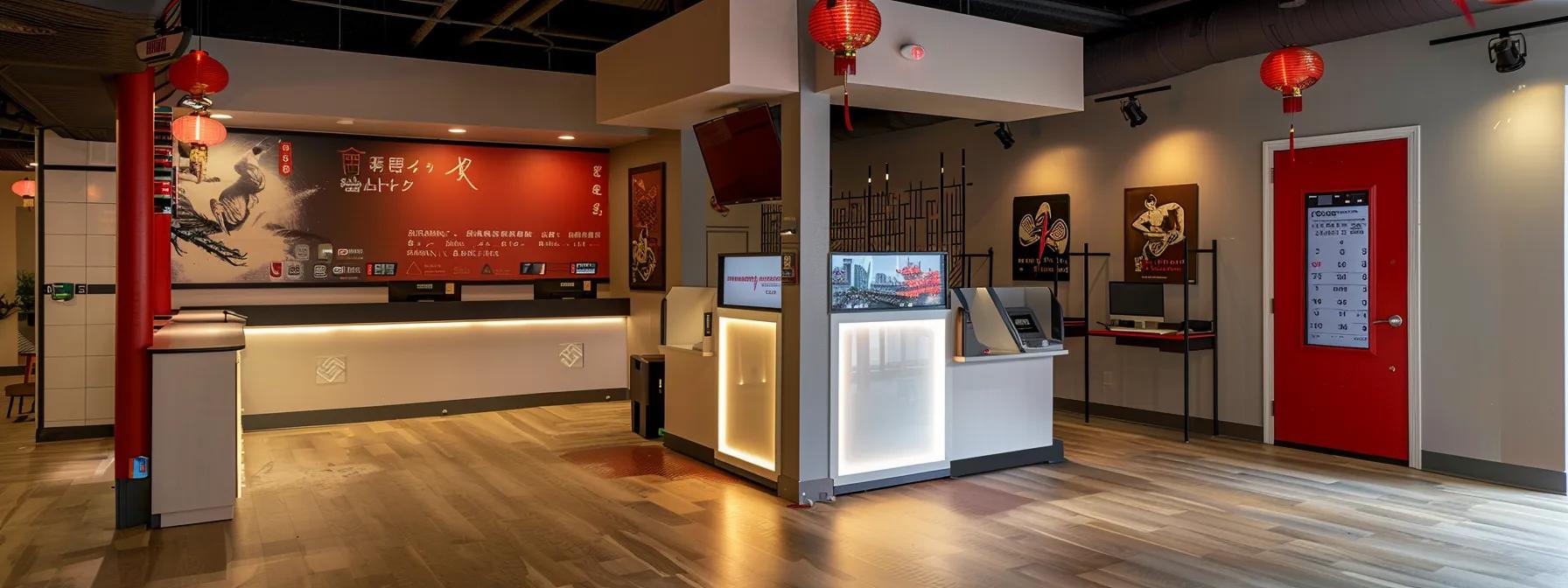 a sleek, modern martial arts studio features a digital payment kiosk prominently displayed at the front desk, surrounded by vibrant martial arts decorations, emphasizing a seamless and efficient billing experience. a sleek, modern martial arts studio features a digital payment kiosk prominently displayed at the front desk, surrounded by vibrant martial arts decorations, emphasizing a seamless and efficient billing experience.