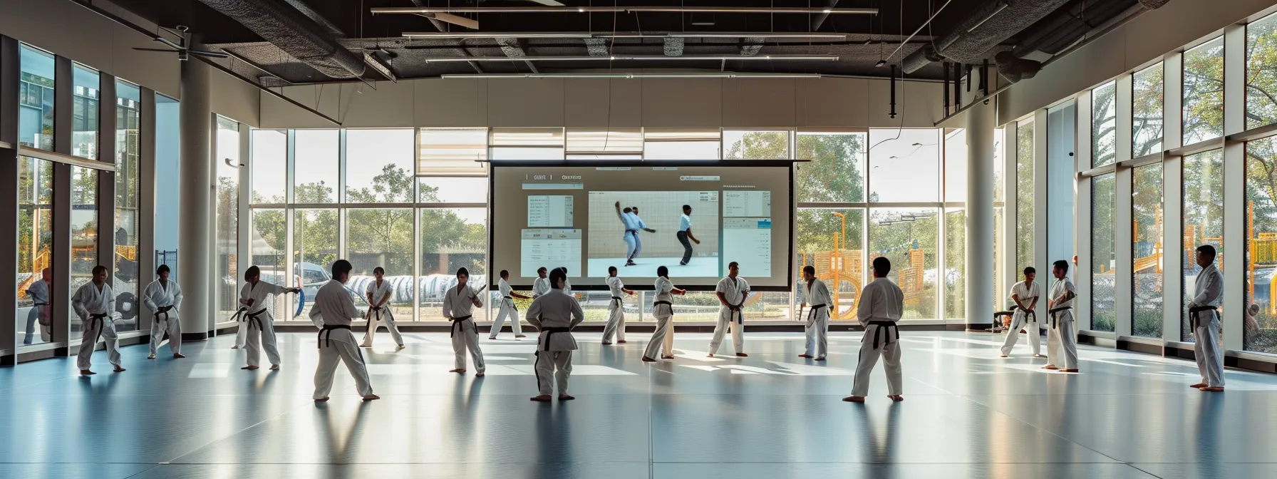 a sleek, modern martial arts studio features a digital display showcasing the automated billing software interface, surrounded by focused instructors and students engaged in dynamic training sessions. a sleek, modern martial arts studio features a digital display showcasing the automated billing software interface, surrounded by focused instructors and students engaged in dynamic training sessions.