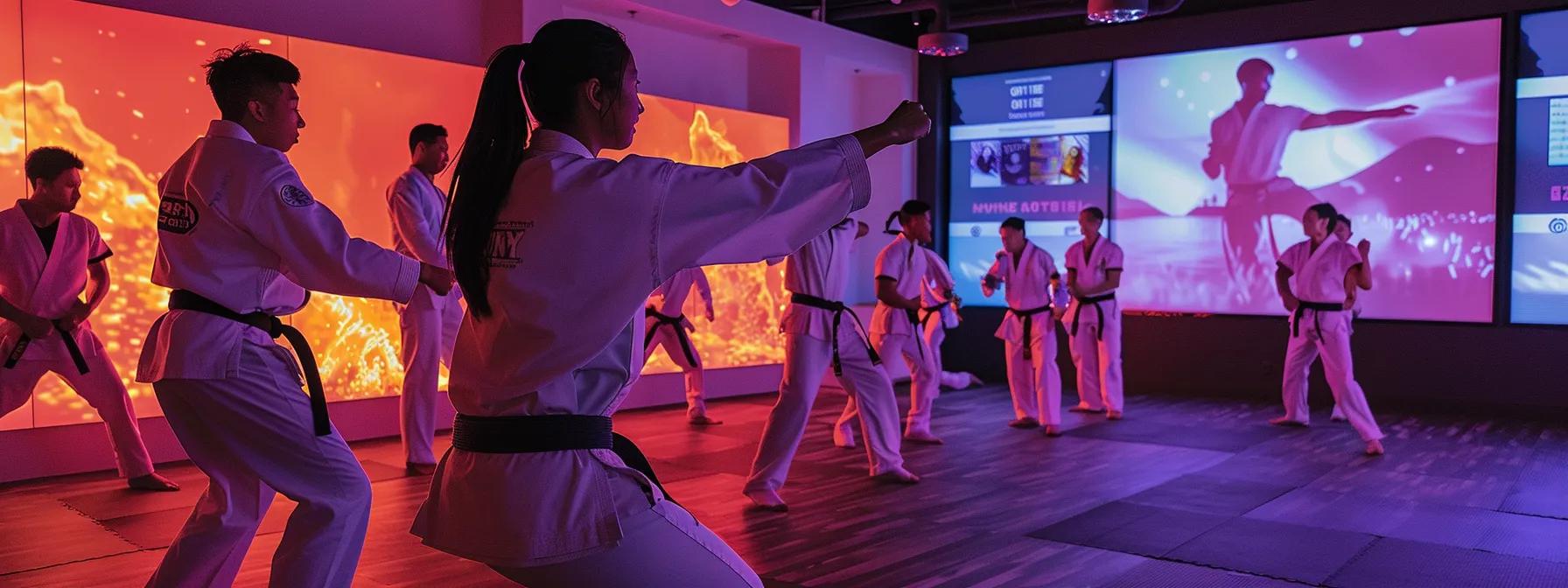 a sleek, modern martial arts studio equipped with digital screens displaying membership analytics and engagement statistics, highlighting a professional instructor engaging with a diverse group of focused students, capturing the theme of retention and growth through technology. a sleek, modern martial arts studio equipped with digital screens displaying membership analytics and engagement statistics, highlighting a professional instructor engaging with a diverse group of focused students, capturing the theme of retention and growth through technology.