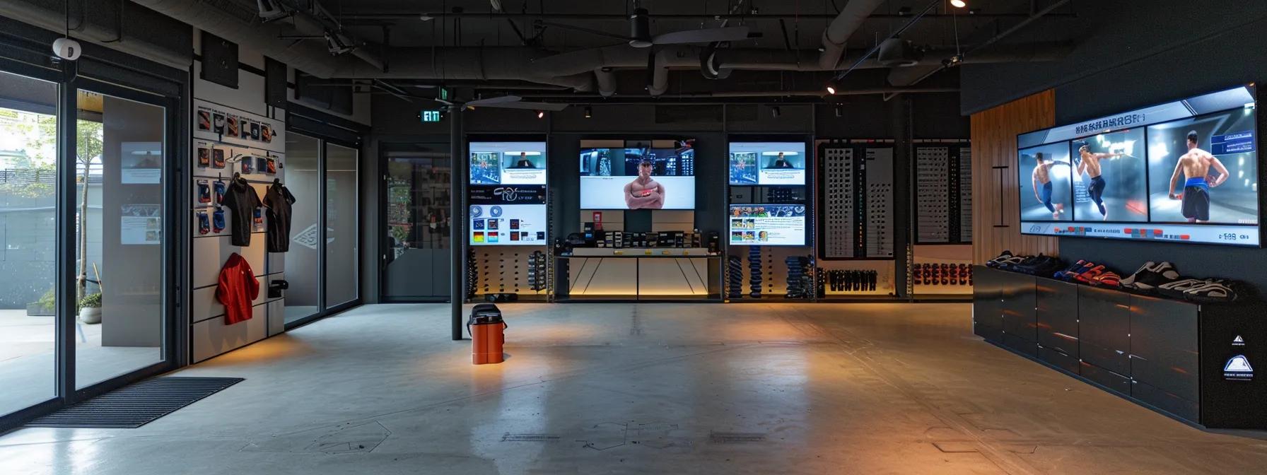 a sleek, modern martial arts studio filled with digital screens showcasing various membership systems, highlighting their intuitive interfaces and responsive designs against a backdrop of organized training gear and motivational quotes.