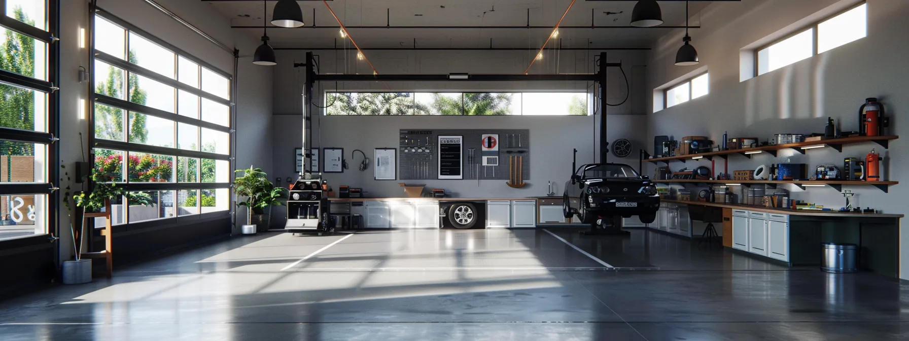 Choosing the Right Two Post Car Lift for Your Garage or Shop a sleek, modern mechanic shop showcases a two-post car lift positioned under high ceilings, with meticulous organization of tools and equipment around spacious work areas designed for efficient vehicle access and maintenance.