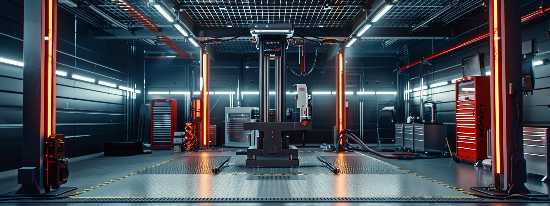 Choosing the Right Two Post Car Lift for Your Garage or Shop a sleek, modern mechanic shop features a pristine two-post car lift surrounded by high-end tools and equipment, emphasizing the safety mechanisms and industry standards crucial for ensuring worker safety and equipment durability.