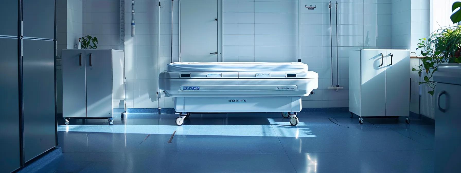 a sleek, modern morgue freezer unit is prominently displayed in a well-lit medical facility setting, showcasing its energy-efficient compressor and robust insulation while emphasizing its innovative design and cost-effectiveness against a backdrop of clinical professionalism. a sleek, modern morgue freezer unit is prominently displayed in a well-lit medical facility setting, showcasing its energy-efficient compressor and robust insulation while emphasizing its innovative design and cost-effectiveness against a backdrop of clinical professionalism.