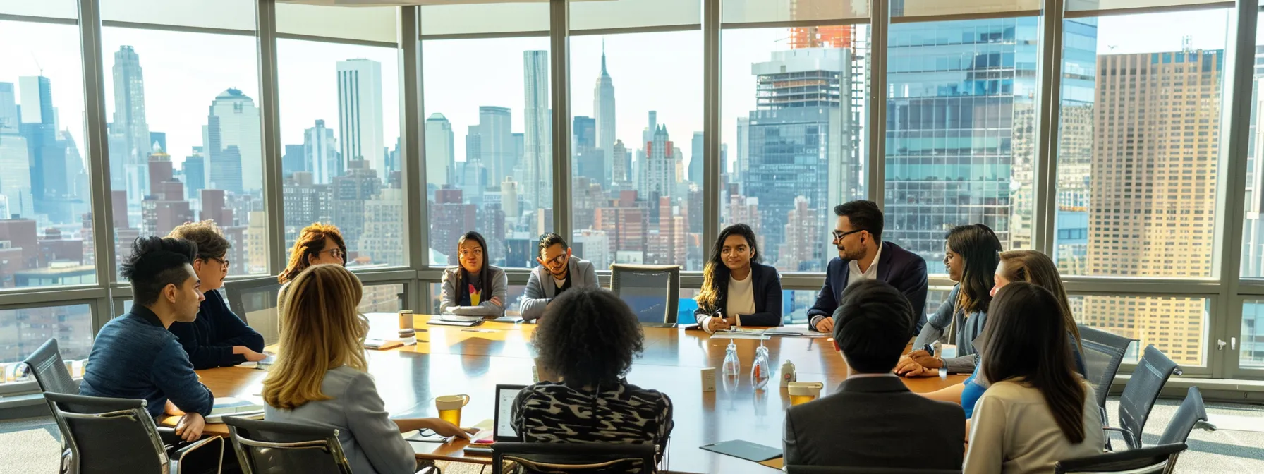 a sleek, modern new york city office featuring a polished conference table surrounded by professionals engaged in a strategic discussion about selecting the ideal tv pr agency, with vibrant city skyline views in the background.