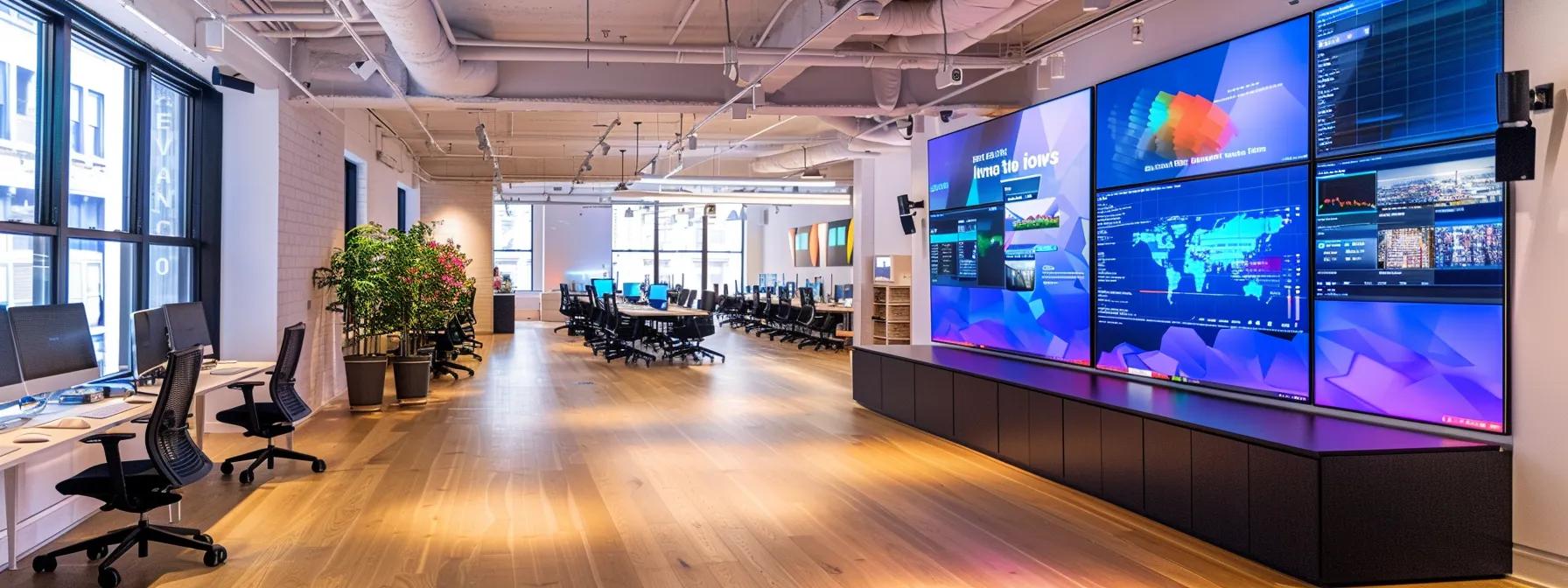 a sleek, modern new york city office filled with high-tech screens displaying real-time social media analytics and dynamic pitch decks, highlighting the advanced pr strategies employed by specialists.