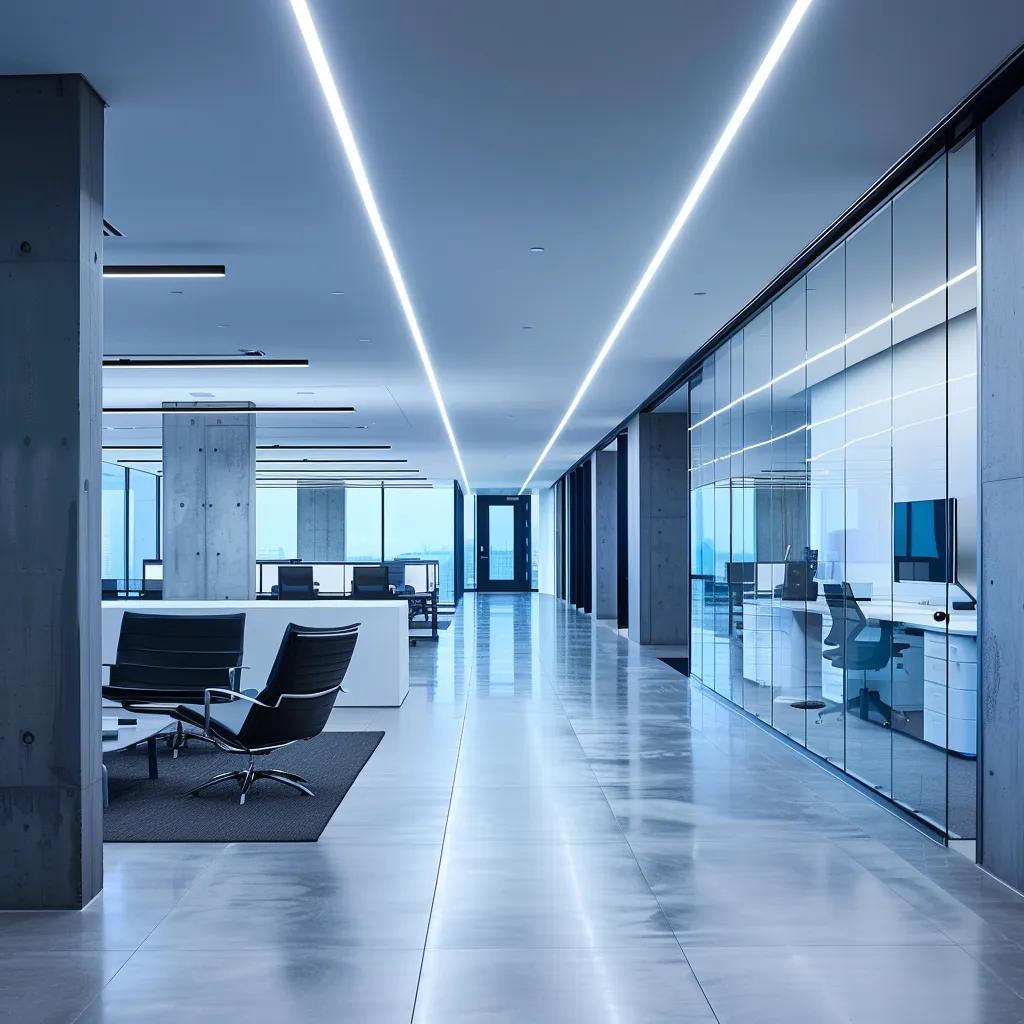 a sleek modern office bathed in cool artificial light, featuring advanced technology displays and secure workstations that embody the essence of essential managed it for secure and compliant administration.
