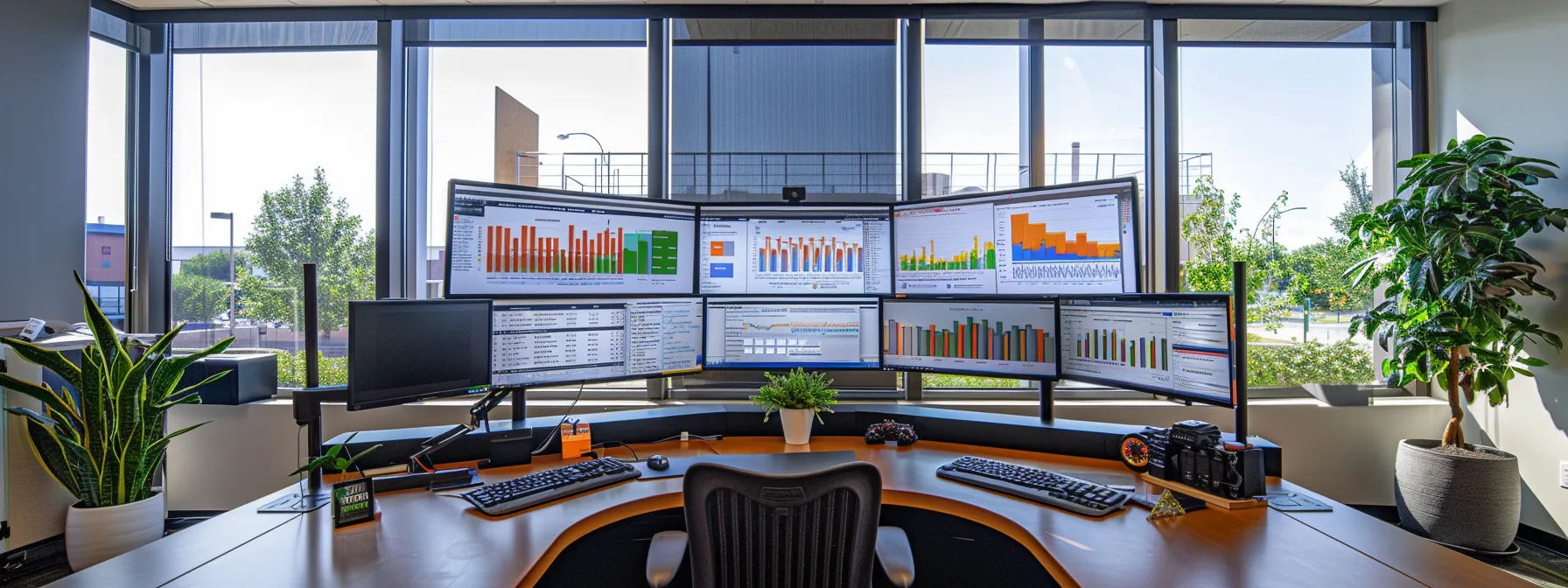 a sleek modern office bathed in natural light features dual computer screens displaying vibrant graphs and seo analytics, symbolizing the optimization efforts of a demolition company's online presence.