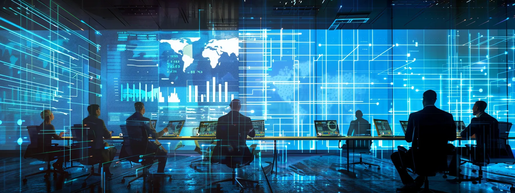 a sleek, modern office boardroom showcases a large digital display projecting detailed graphs and financial data about asphalt overlay projects, surrounded by professionals engaged in a focused discussion on investment strategies.