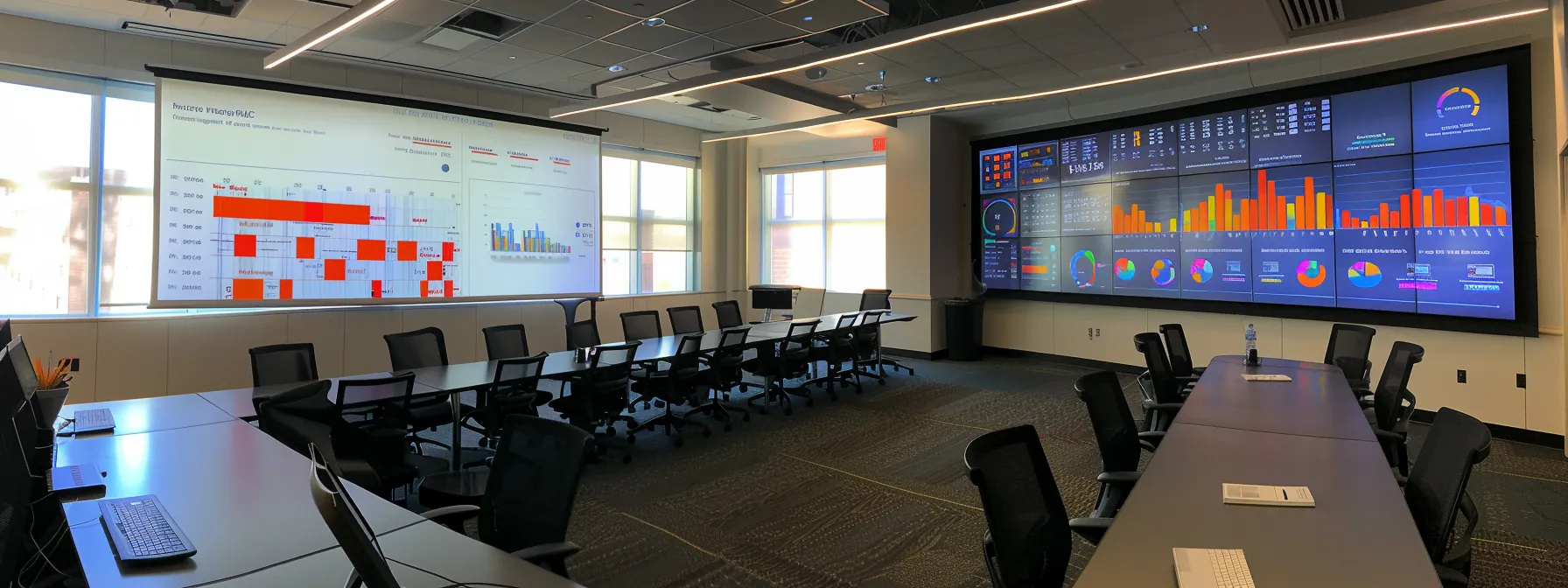a sleek, modern office conference room filled with data visualizations on large screens, illustrating ai-driven marketing strategies while emphasizing data privacy through infographics that convey trust and ethical compliance.