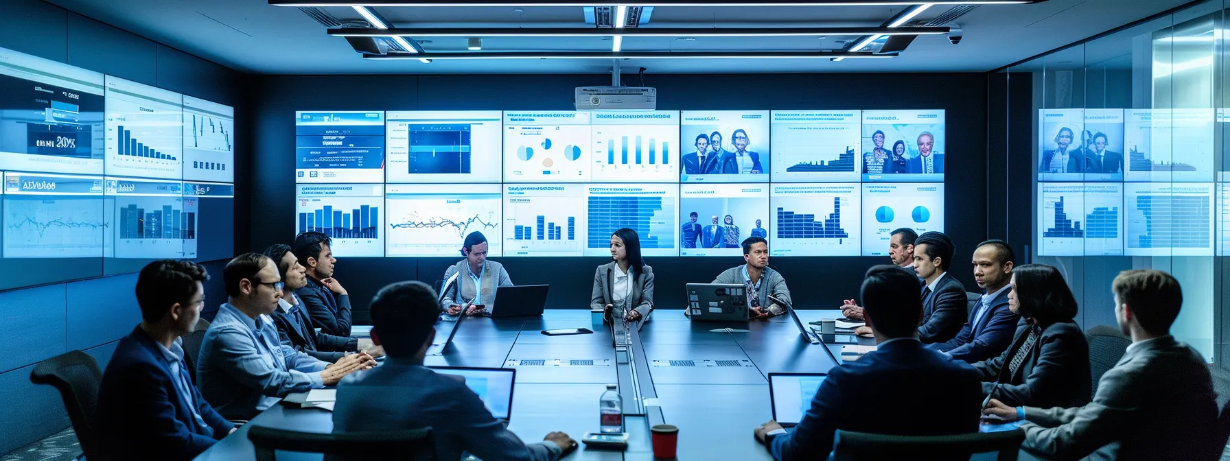 a sleek, modern office conference room filled with professionals engaged in a dynamic discussion, surrounded by large screens displaying positive client testimonials and data analytics related to an agency's reputation management.