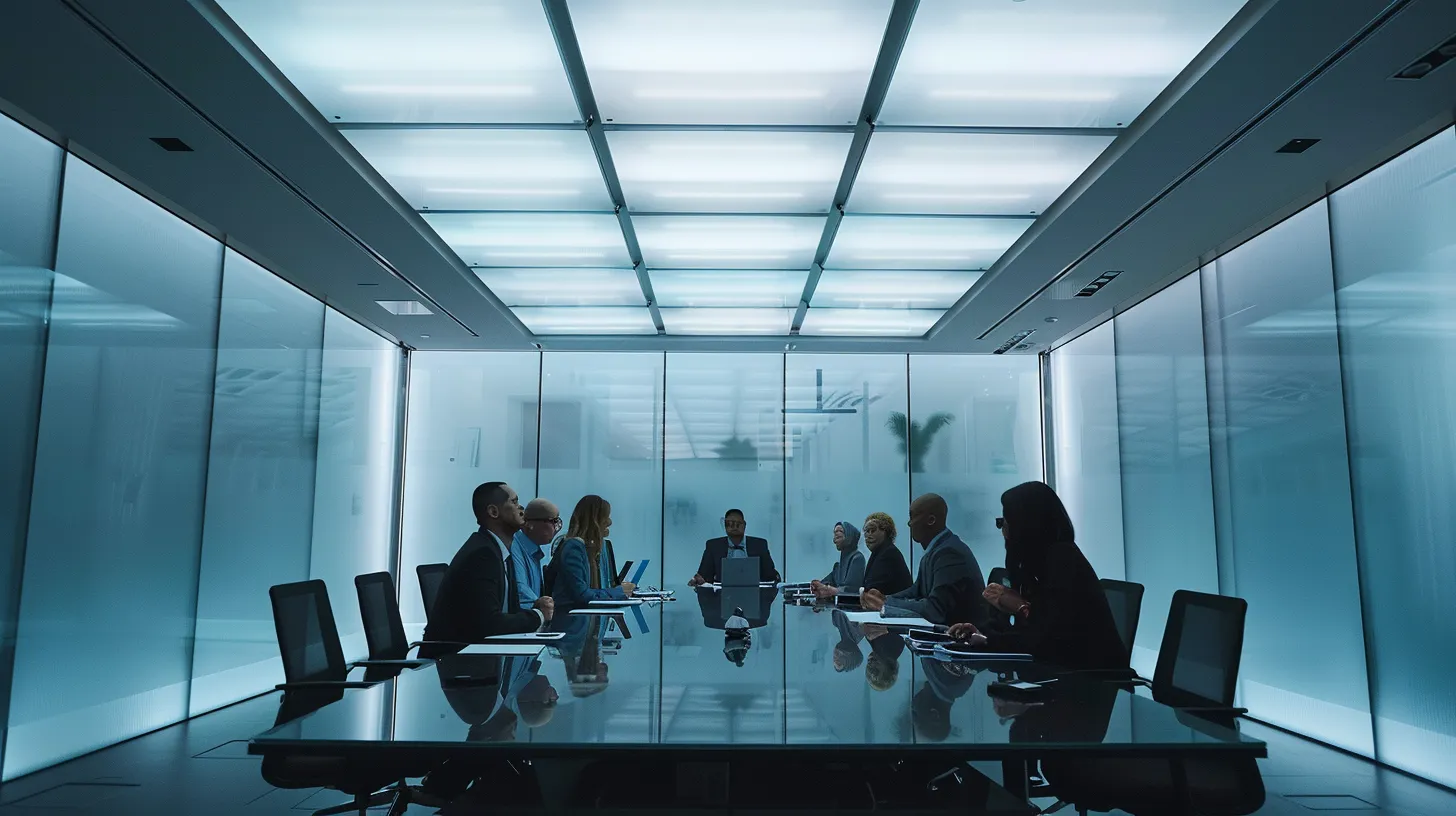 a sleek, modern office conference room is filled with diverse professionals engaged in an animated discussion, illuminated by sharp overhead lighting that highlights their focused expressions and dynamic interactions. a sleek, modern office conference room is filled with diverse professionals engaged in an animated discussion, illuminated by sharp overhead lighting that highlights their focused expressions and dynamic interactions.