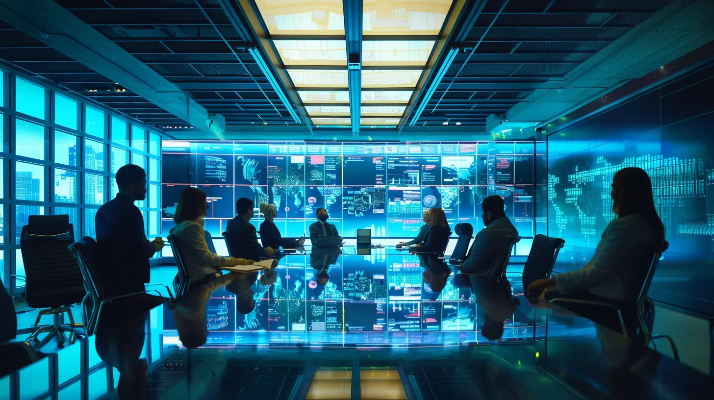 a sleek, modern office conference room bustling with engaged professionals around a central glass table, showcasing digital screens displaying vibrant data visualizations, illuminated by bright, focused led lighting. a sleek, modern office conference room bustling with engaged professionals around a central glass table, showcasing digital screens displaying vibrant data visualizations, illuminated by bright, focused led lighting.