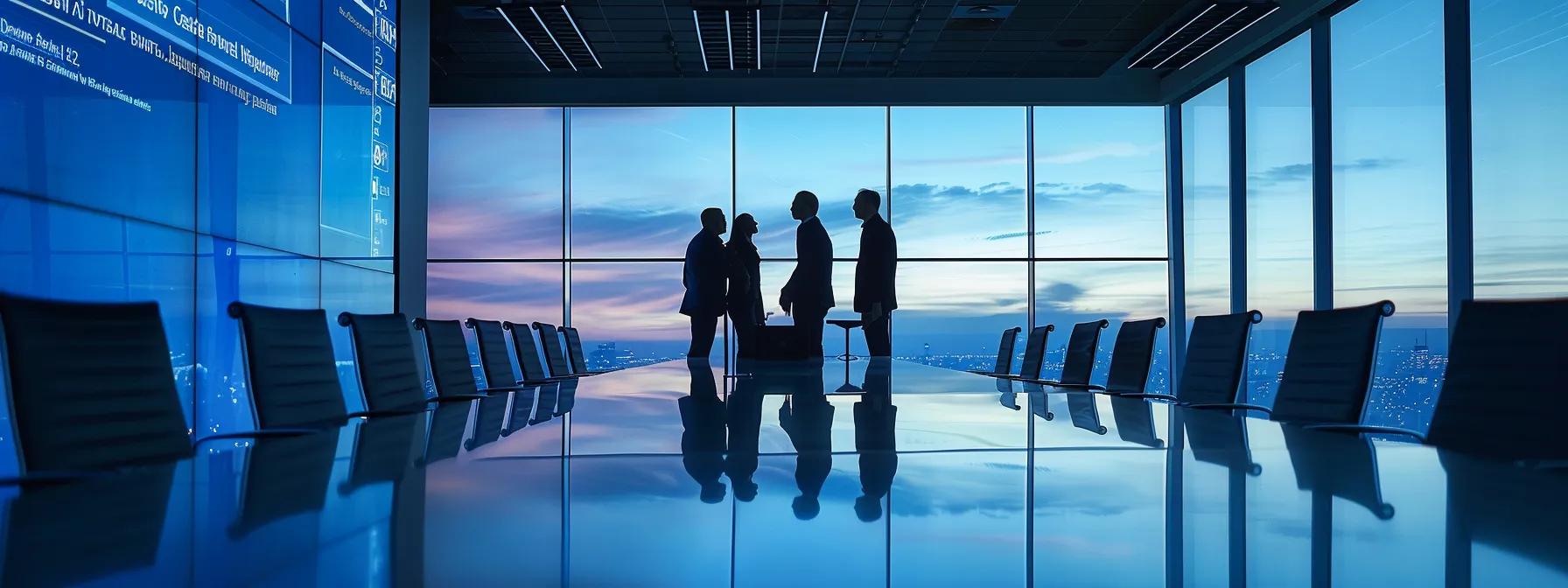 a sleek, modern office conference room features a large digital screen displaying fannie mae eligibility requirements with professionals engaged in a collaborative discussion around a polished table, emphasizing financial stability and innovative mortgage strategies.
