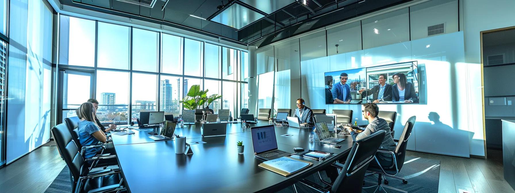 a sleek, modern office conference room with a large table covered in presentation materials, showcasing a diverse team engaged in a dynamic discussion about selecting the ideal tv pr agency for their project.