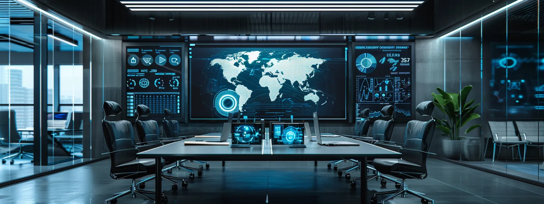 a sleek, modern office conference room displays a high-tech digital dashboard showcasing real-time analytics and cybersecurity metrics, emphasizing the cutting-edge tools and technologies used for online reputation management.