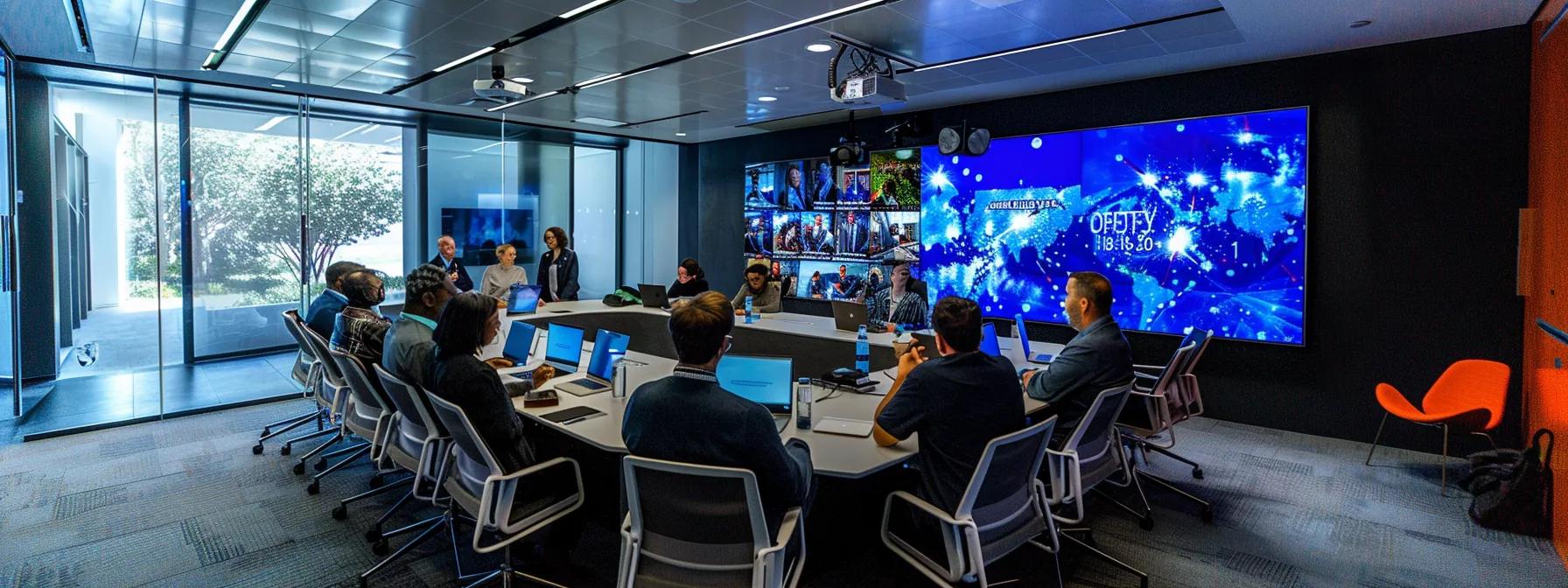 a sleek, modern office conference room in dallas showcases a diverse group of professionals engaged in a vibrant discussion, surrounded by a large screen displaying a dynamic video production portfolio, symbolizing the collaborative journey of selecting the ideal video production company.