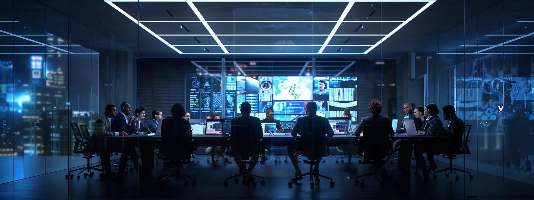a sleek, modern office conference room filled with diverse professionals engaged in a focused discussion, illuminated by bright overhead lights, with a large screen displaying video production concepts and notes in the background.