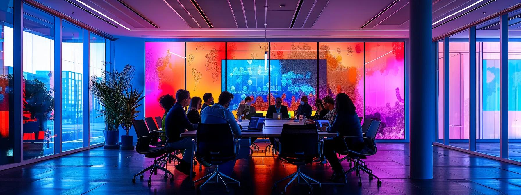 a sleek, modern office conference room is illuminated by dynamic lighting, showcasing a diverse group of professionals engaged in a vibrant discussion about innovative content marketing strategies to enhance mental health awareness.