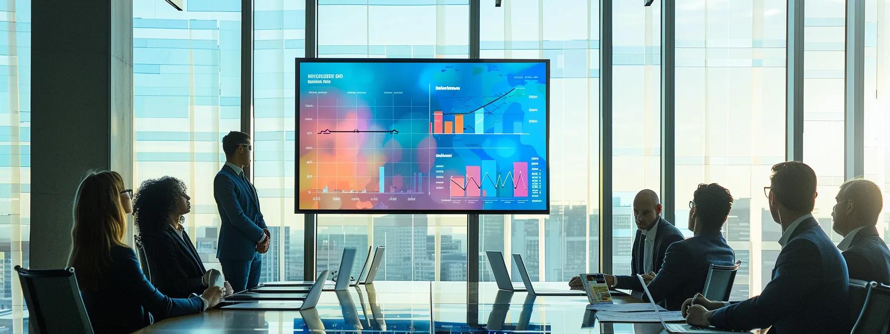 a sleek, modern office conference room with large windows displays a vibrant digital presentation on a screen, illustrating the concept of loan-level price adjustments (llpas) for condo financing, surrounded by attentive professionals engaged in discussion.
